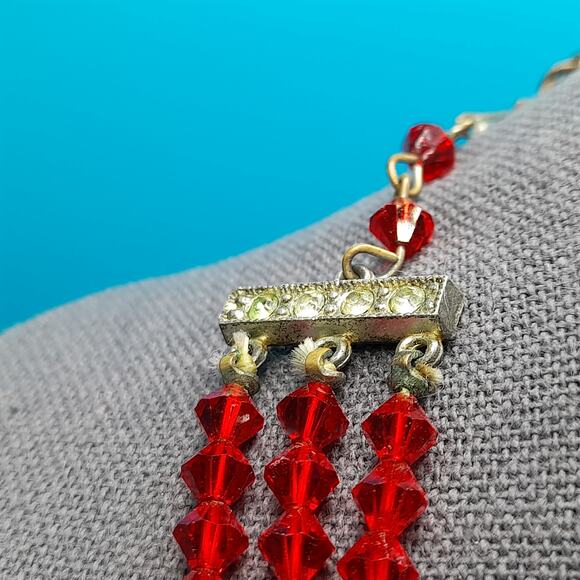 Vintage Red Crystal Beaded Necklace, Rhinestone End Bars, 1950s Vintage Jewelry - Picture 7 of 12